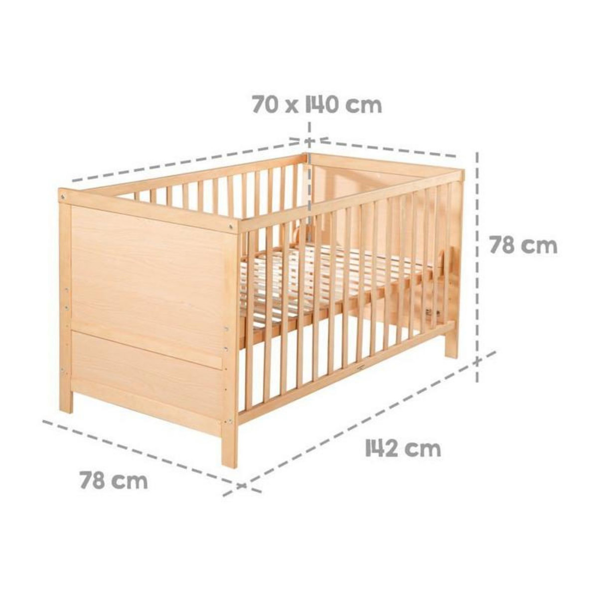 Roba Lit Bébé Évolutif 70x140 - ROBA - Réglable en Hauteur - 3 Barreaux Amovibles - Coins de Transformation Inclus - Bois Naturel