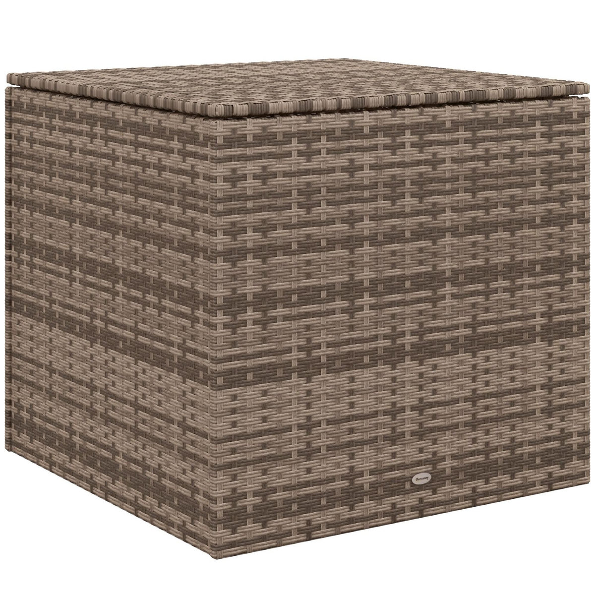OUTSUNNY Coffre de jardin dim. 75L x 75l x 70H cm vérin pneumatique doublure intérieure résine tressée aspect rotin taupe