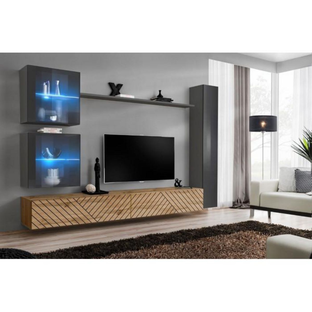 Paris Prix Ensemble Meuble TV  Switch Lamel XVIII  280cm Naturel & Gris