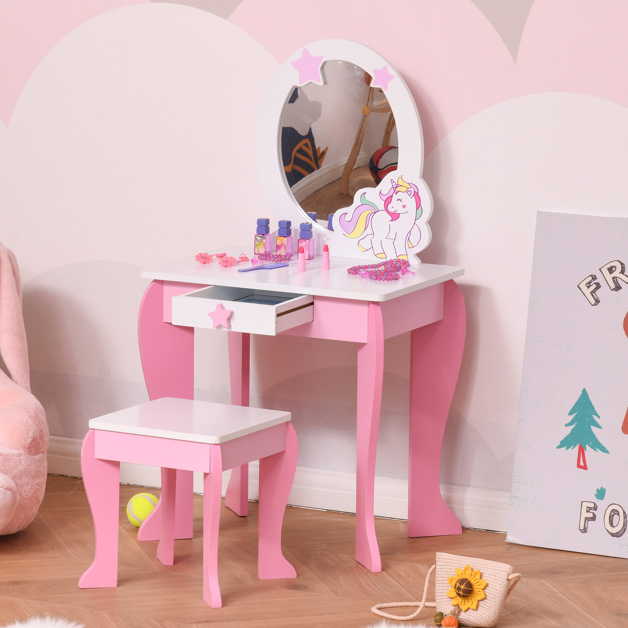 Voir la diapositive 4 : HOMCOM Coiffeuse enfant design licorne - tabouret inclus - dim. 49L x 34l x 90H cm - tiroir, miroir - MDF - rose blanc
