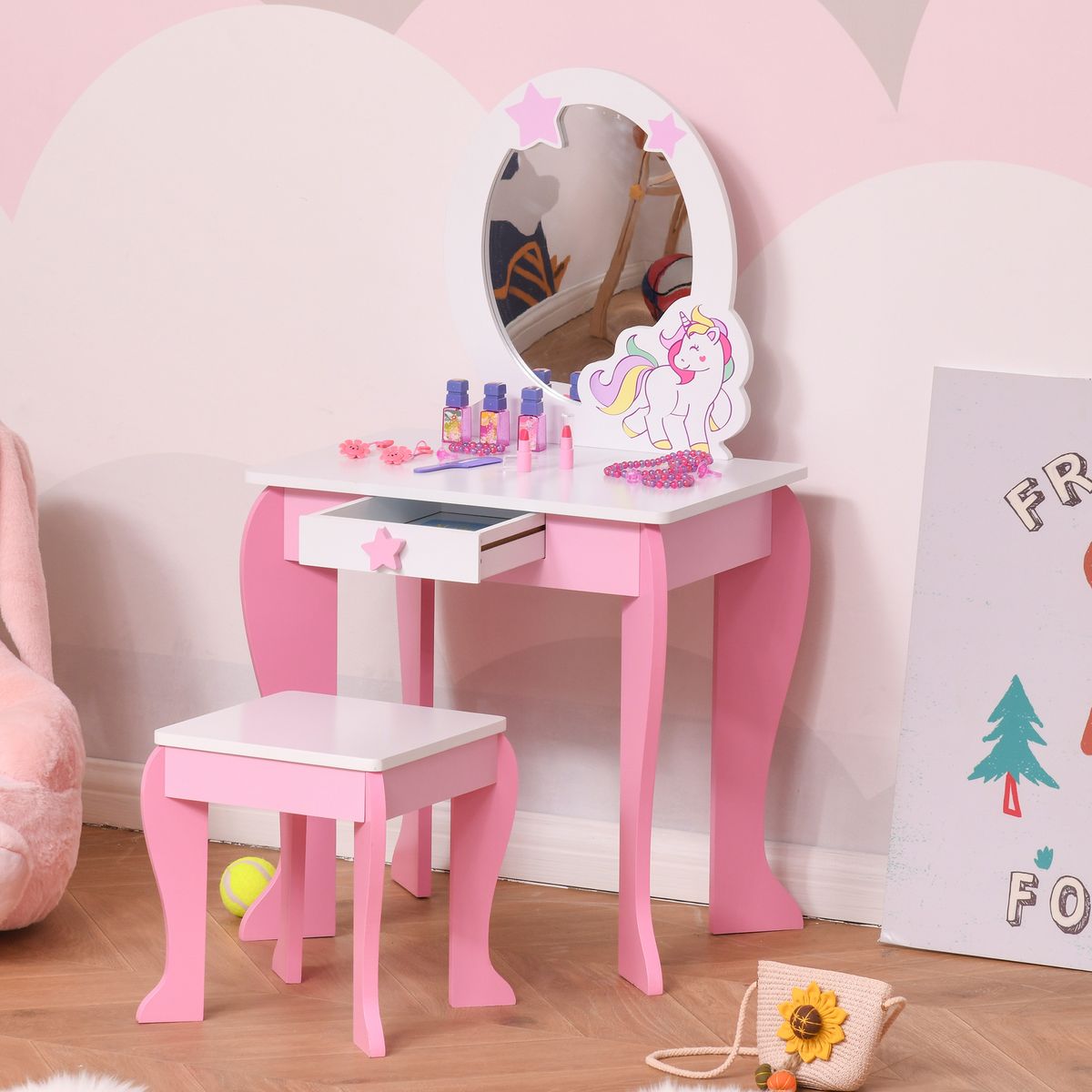 HOMCOM Coiffeuse enfant design licorne - tabouret inclus - dim. 49L x 34l x 90H cm - tiroir, miroir - MDF - rose blanc