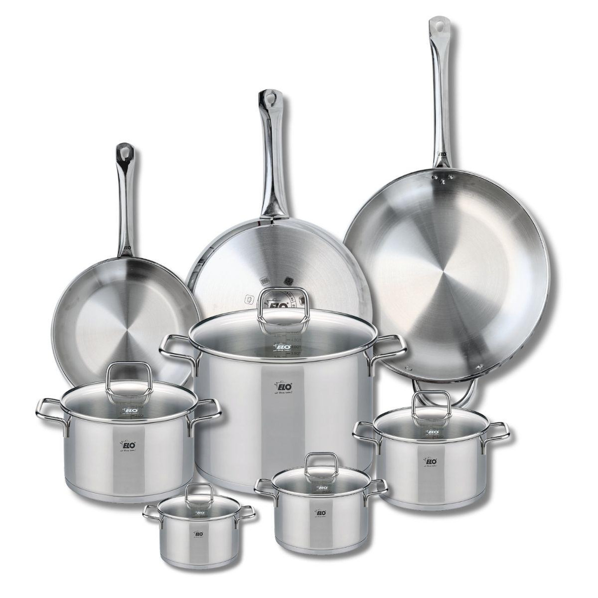 Voir la diapositive 1 : 666 Barcelona Ensemble de 3 Poêles de cuisson 24, 28 et 32 cm et 5 faitouts 12, 14, 16, 20 et 26 cm Elo Profi Citrin