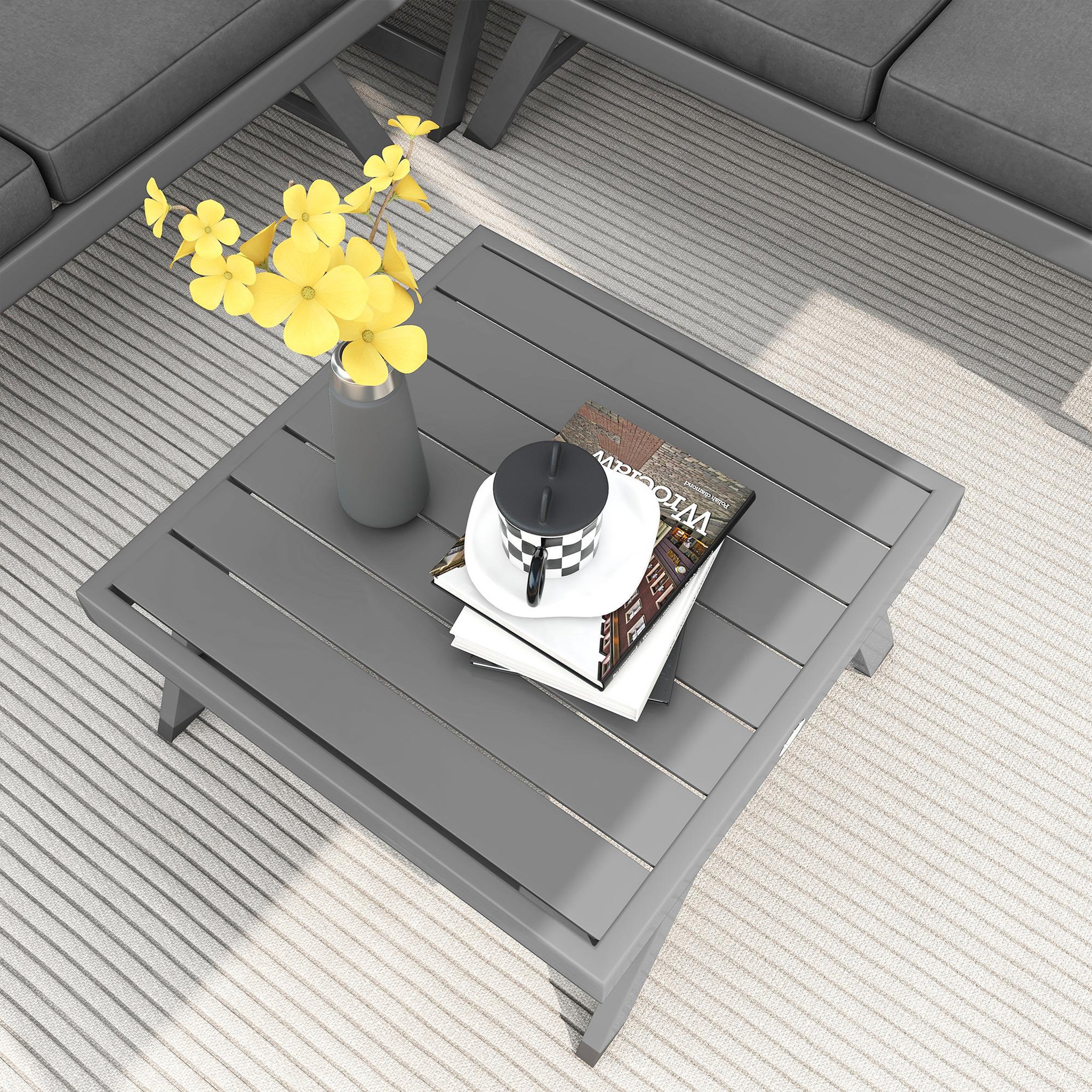 Voir la diapositive 5 : OUTSUNNY Ensemble salon de jardin d'angle 5 places style contemporain avec table basse coussins acier alu gris