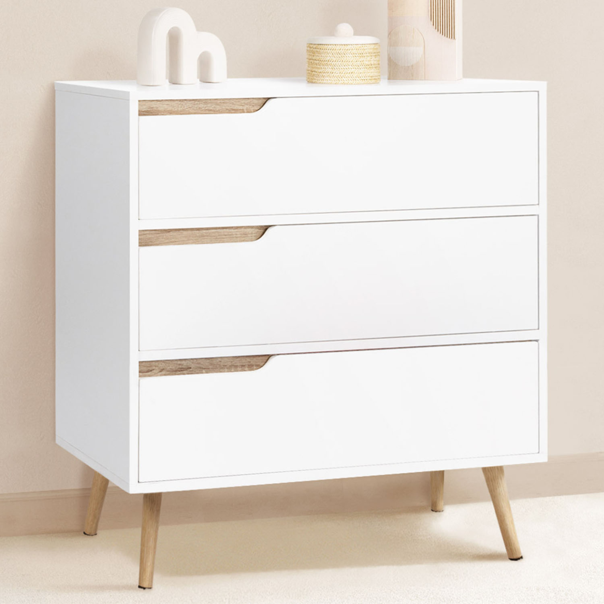 Voir la diapositive 2 : ID MARKET Commode 3 tiroirs helsinki 80 cm scandinave blanc