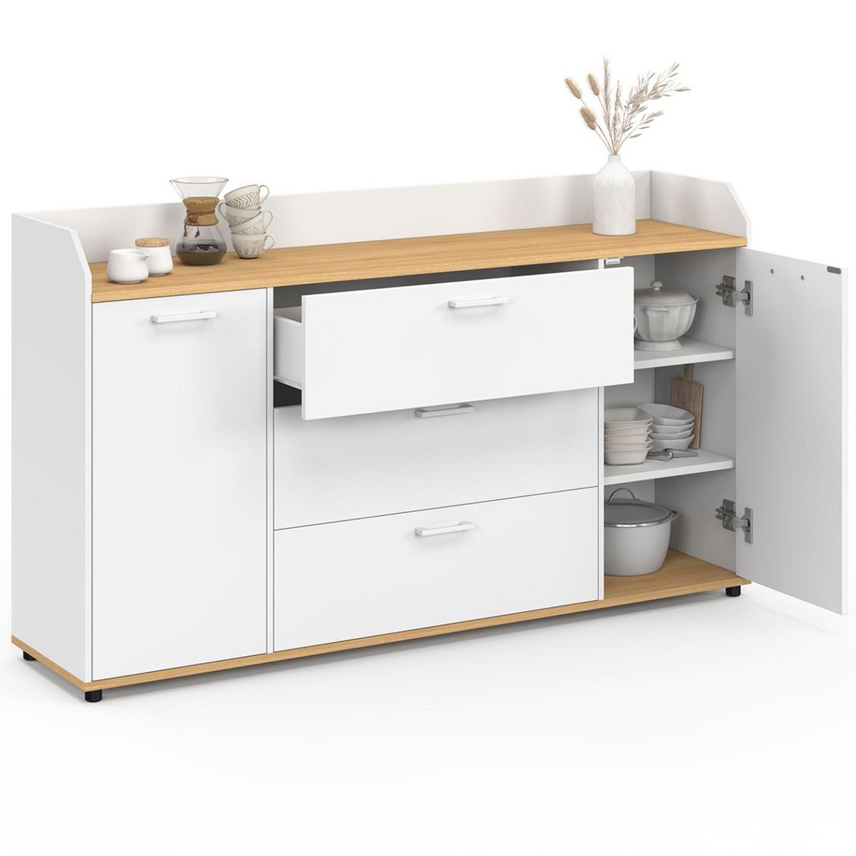 ID MARKET Buffet 140 cm JABA 4 portes avec rebord blanc et plateau bois façon hêtre