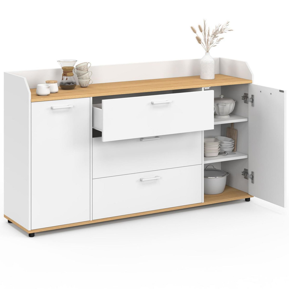 ID MARKET Buffet 140 cm JABA 4 portes avec rebord blanc et plateau bois façon hêtre