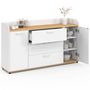 Voir la diapositive 4 : ID MARKET Buffet 140 cm JABA 4 portes avec rebord blanc et plateau bois façon hêtre