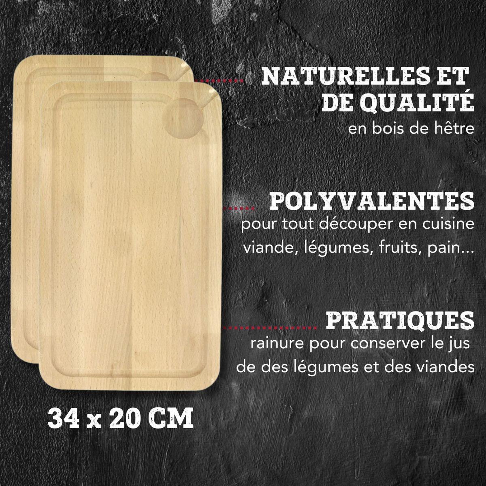 Voir la diapositive 3 : FM PROFESSIONAL Planche à découper, hêtre avec rigolle et collecteur de sang 34 x 20 cm, par 2 FM Professional Gourmet édition