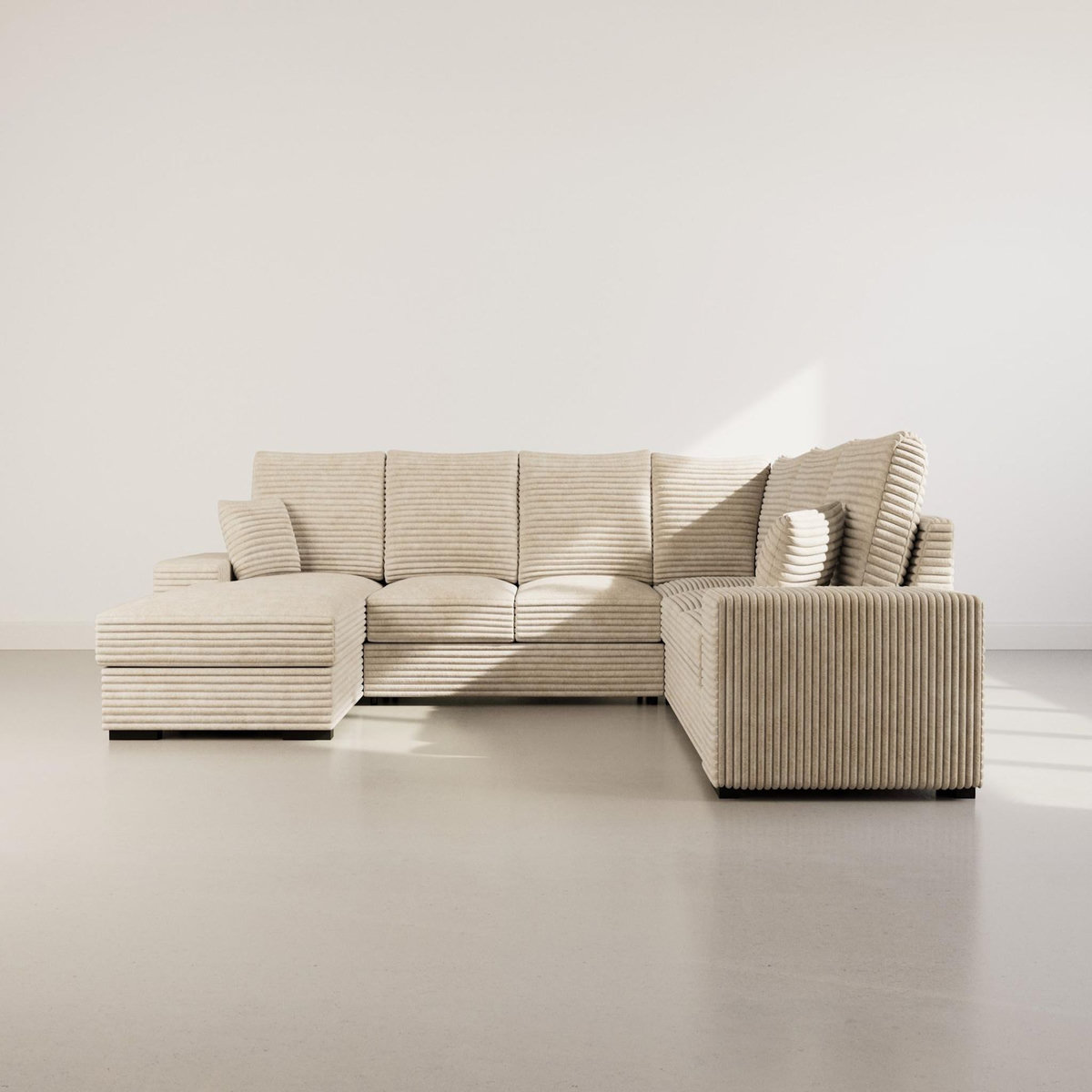 BEST MOBILIER Lorie - canapé panoramique d'angle droit 7 places convertible en velours côtelé grosse côte avec coffre