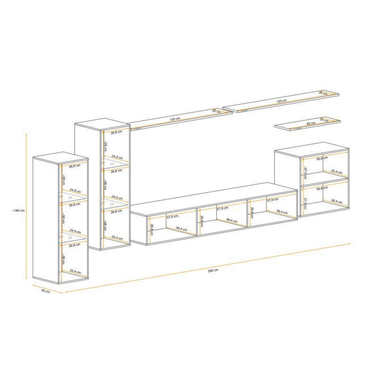 Paris Prix Meuble TV Mural Design  Switch XI  330cm Blanc & Gris