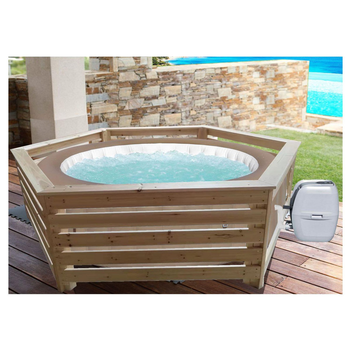 Habrita Habillage bois hexagonal pour spas et piscines gonflables - 2,77x2,21x0,71m