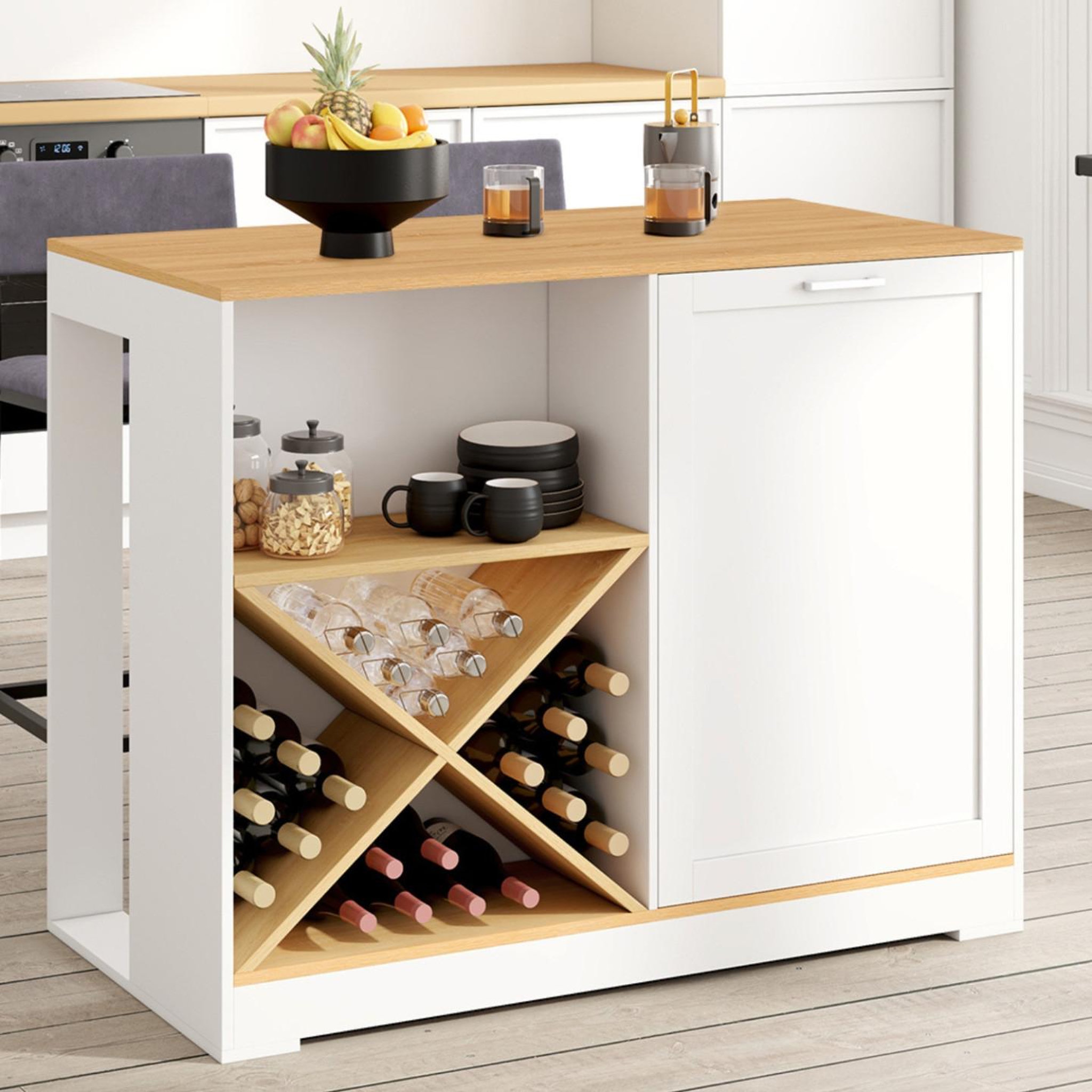 Voir la diapositive 2 : ID MARKET Table de bar îlot VITO 113 cm avec range-bouteilles bois blanc et plateau façon hêtre