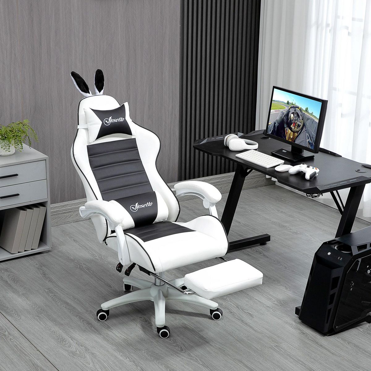 VINSETTO Chaise gaming fauteuil gamer inclinable réglable repose-pied rétractable oreilles de lapin amovibles noir blanc