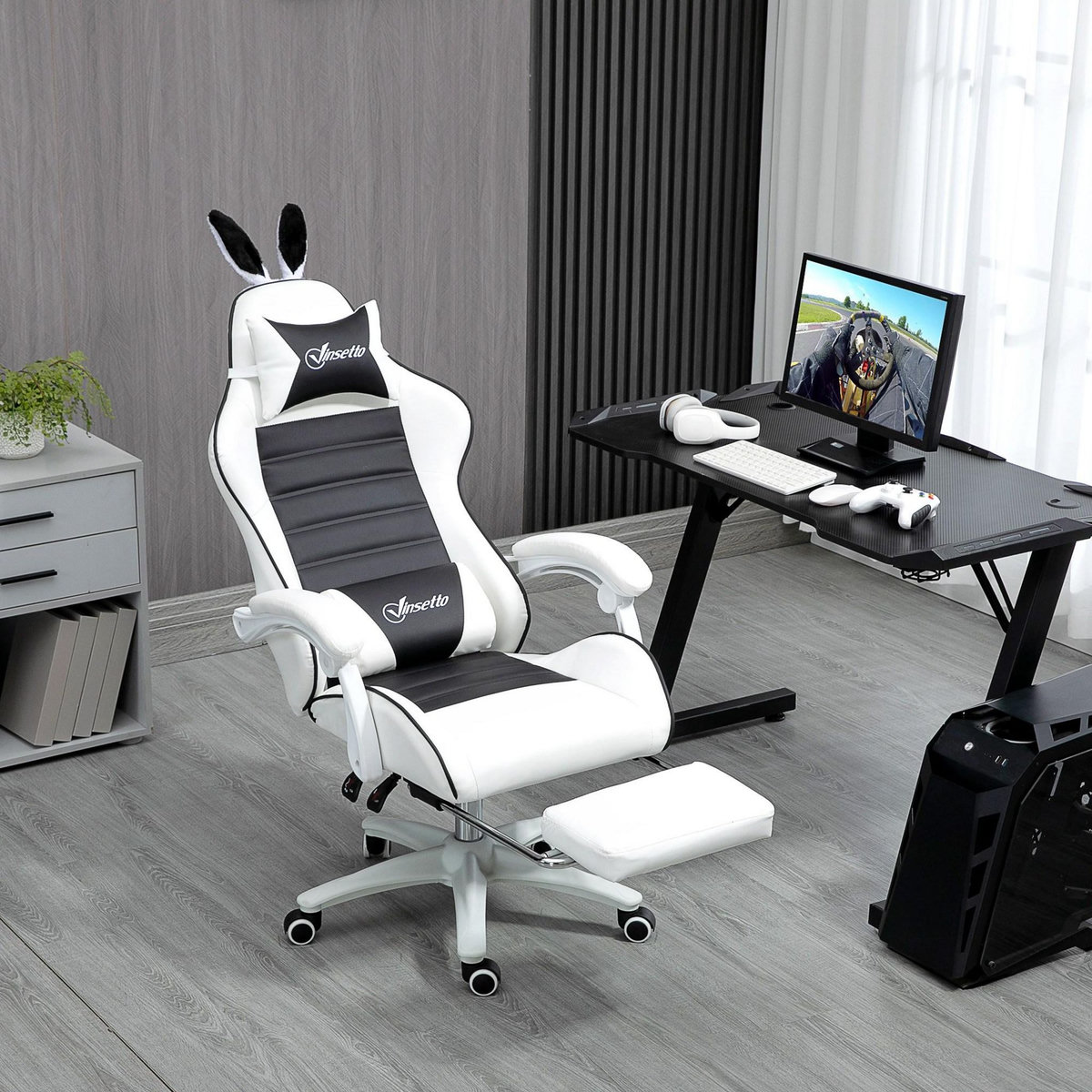 VINSETTO Chaise gaming fauteuil gamer inclinable réglable repose-pied rétractable oreilles de lapin amovibles noir blanc