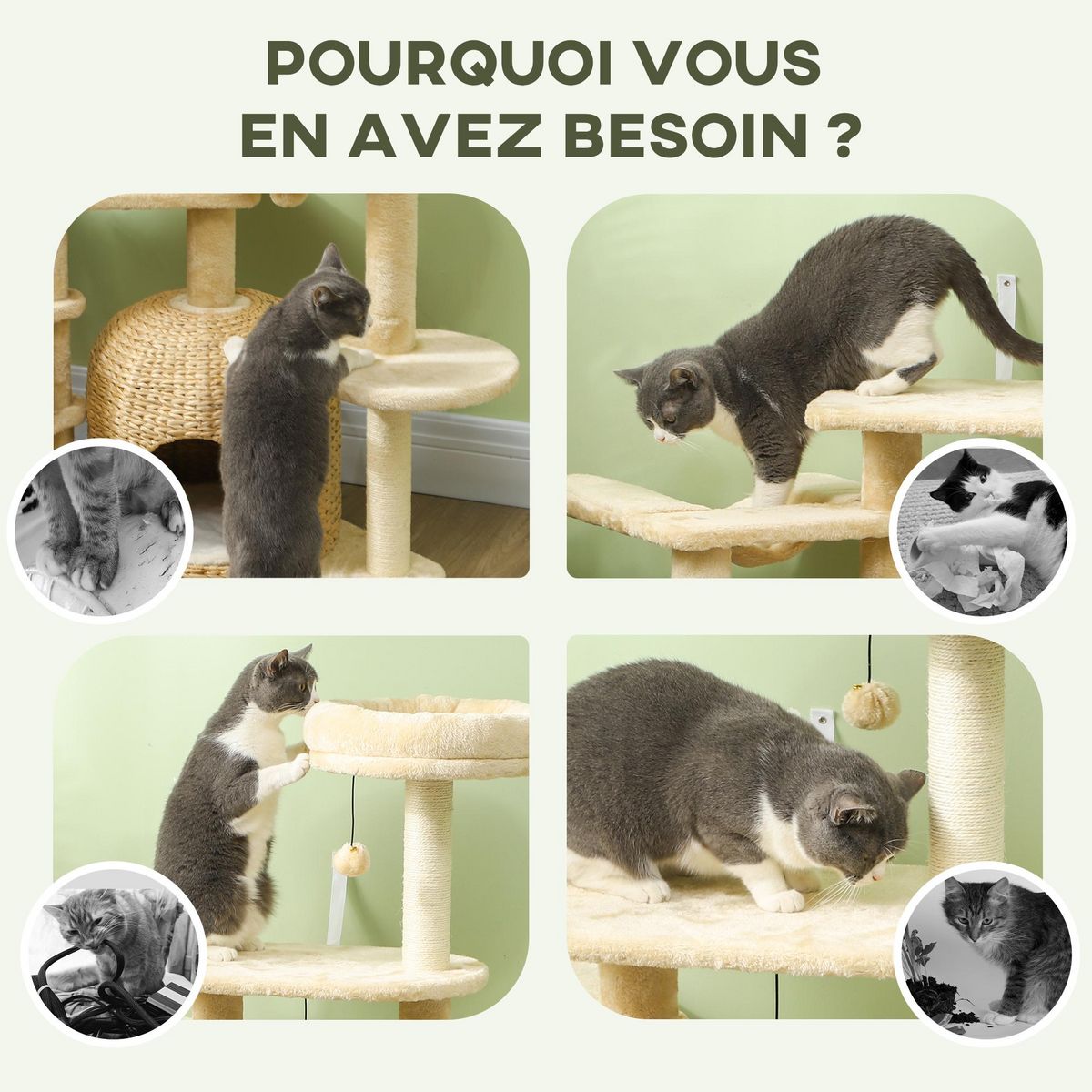 PAWHUT Arbre à chat style cosy chic - grande niche coussin, griffoir, grattoir, hamac, plateformes, boules - beige