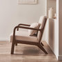 Voir la diapositive 3 : SWEEEK Fauteuil tissu beige . pieds bois d'hévéa teinté noyer. 1 place droit fixe. pieds compas scandinave. structure en bois solide