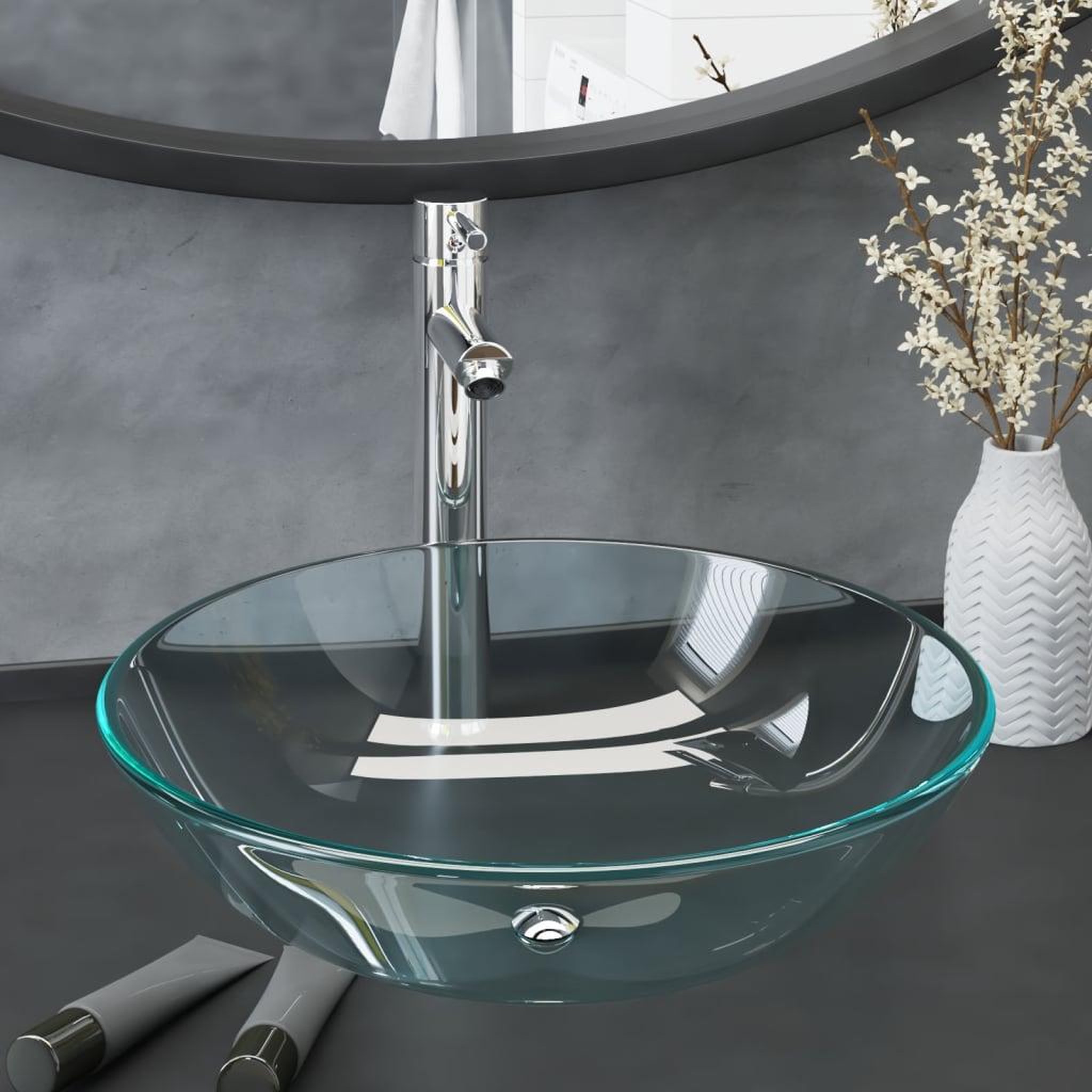VIDAXL Lavabo de bain avec robinet et drain a poussoir Verre trempe