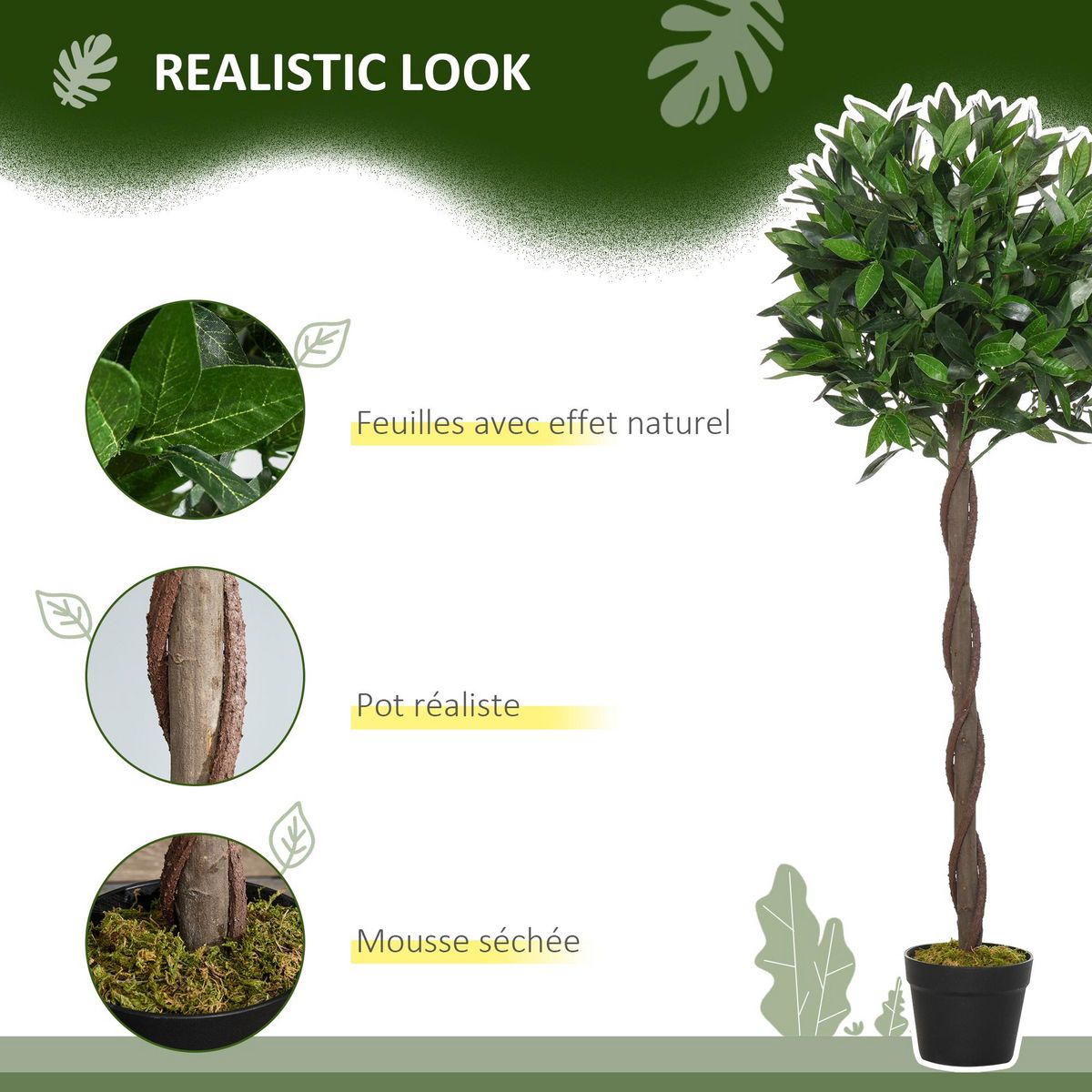 OUTSUNNY Lauriers artificiels topiaires 1,20H m - lot de 2 lauriers boules artificiels - 741 feuilles réalistes par pied - tronc liane - pot inclus noir vert