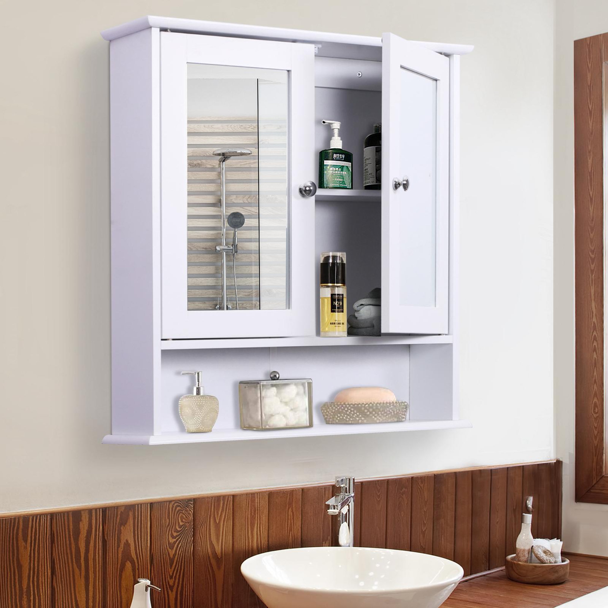 Voir la diapositive 2 : HOMCOM Armoire murale étagère salle de bain 56l x 13l x 58h cm double porte miroir étagère réglable mdf blanc