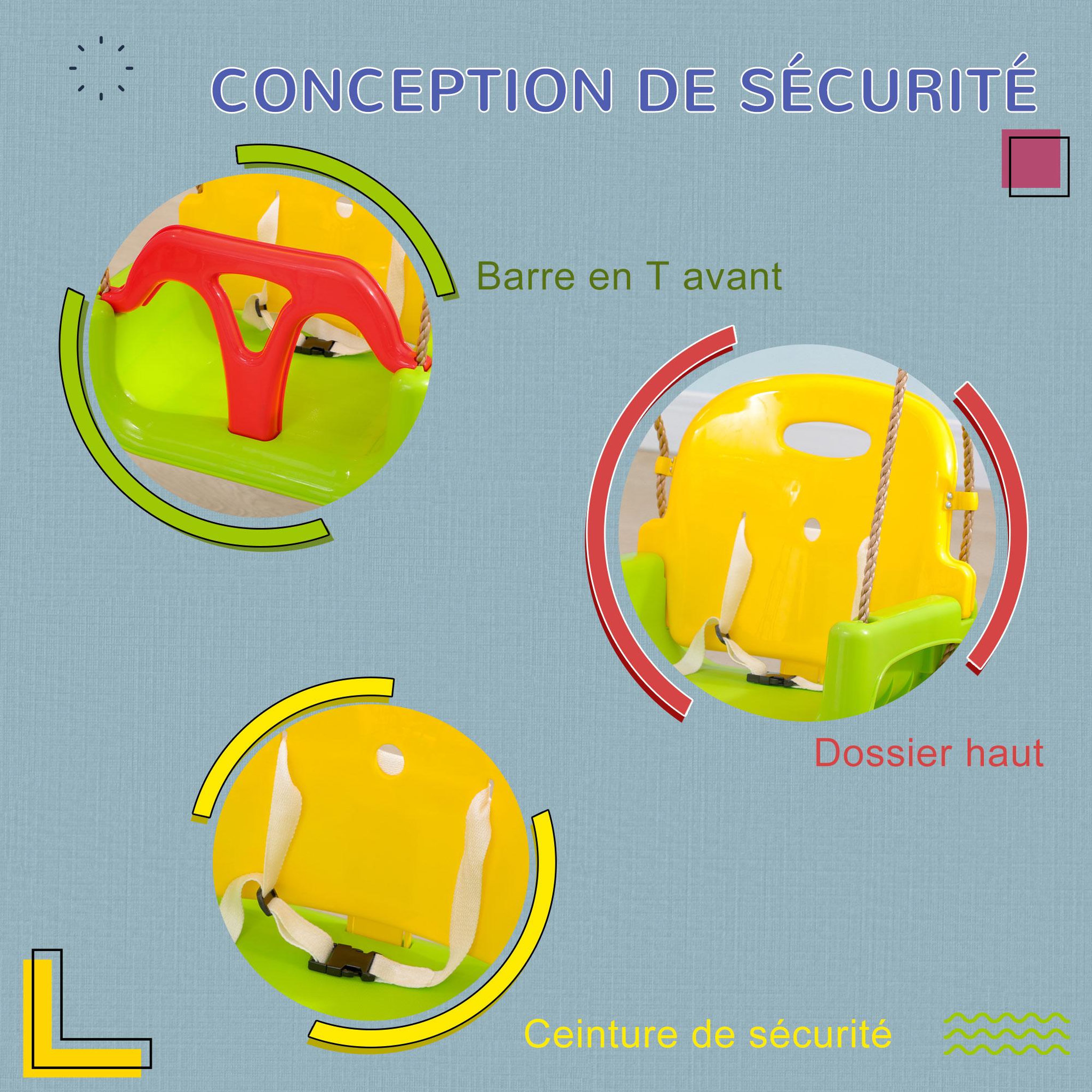 Balançoire Enfant 3 En 1 évolutive – Réglable 95-165 Cm, Ceinture, Dossier, Guidon T – Intérieur/extérieur
