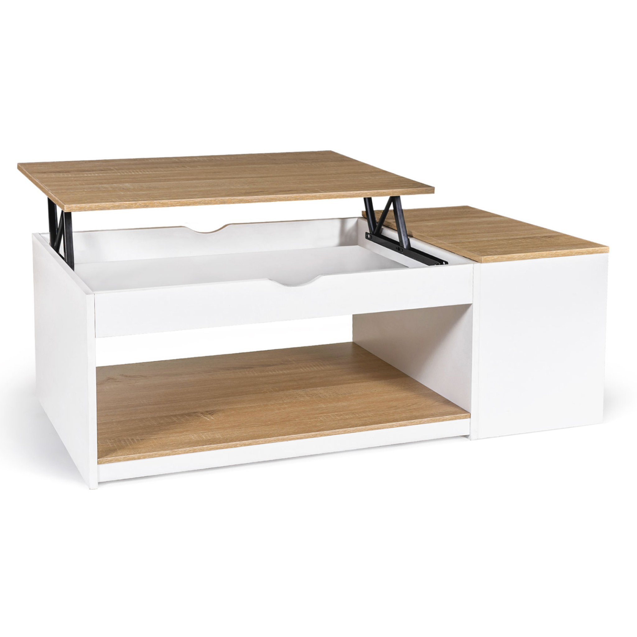 ID MARKET Table basse plateau relevable rectangulaire elea avec coffre bois blanc et façon hêtre