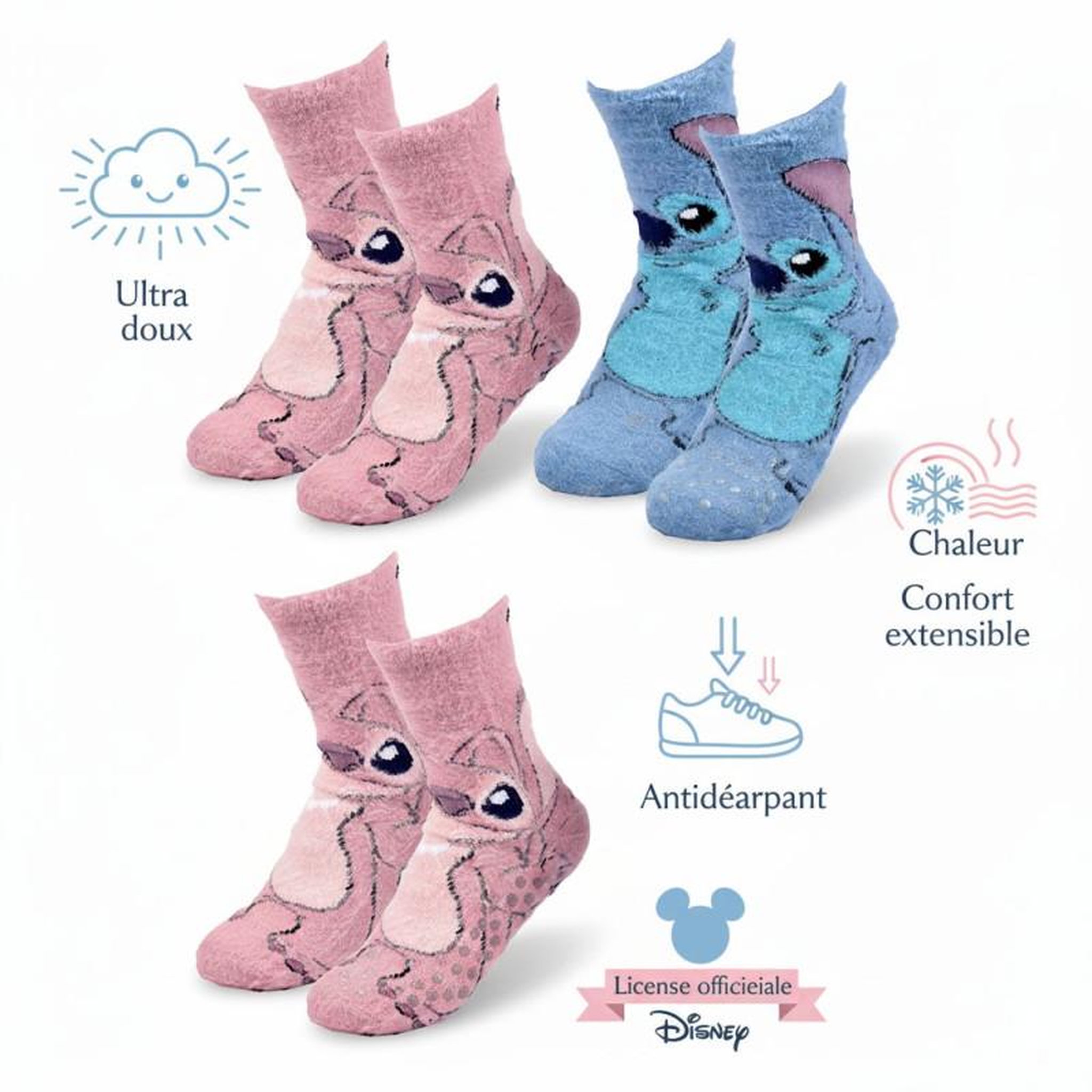 Voir la diapositive 2 : DISNEY Pack de Chaussettes Antidérapantes Enfant LILO & STITCH (Lot de 4)