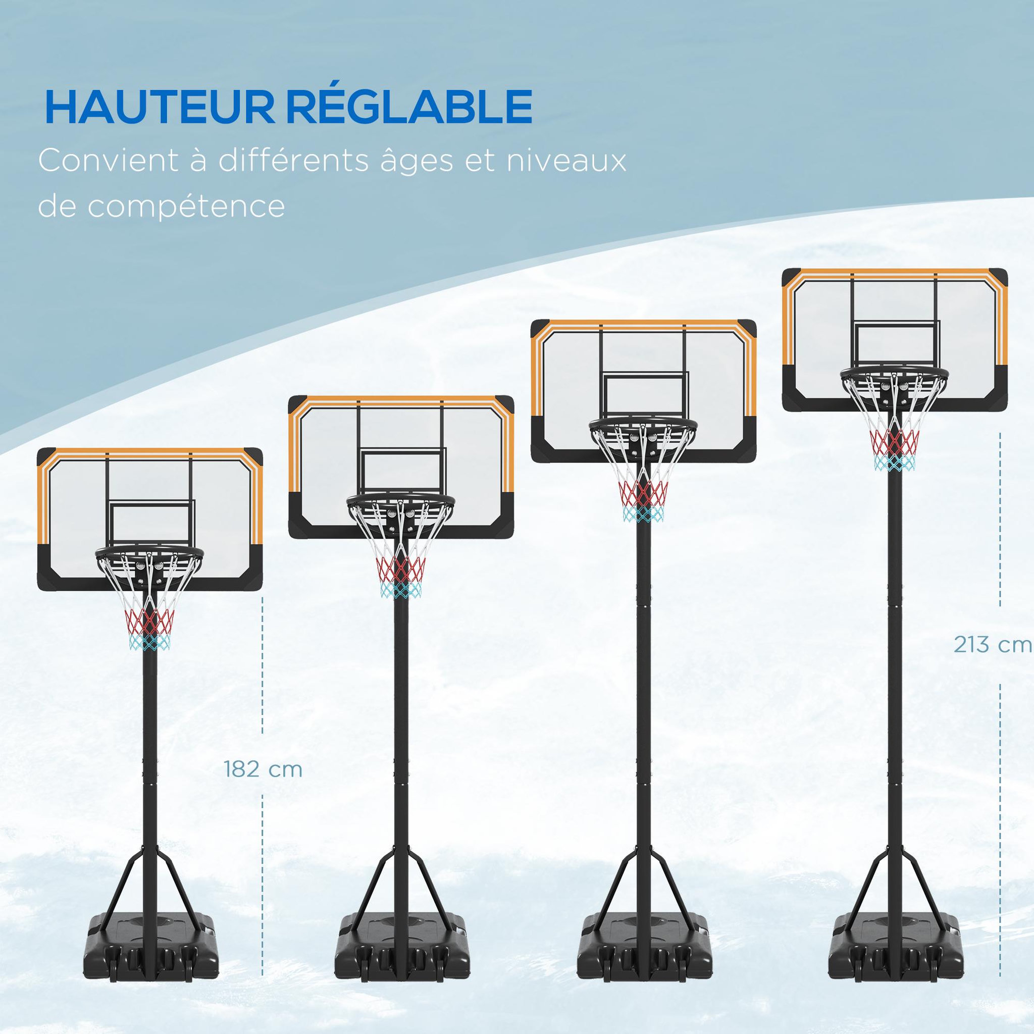 Voir la diapositive 5 : HOMCOM Panier de basketball sur pied roulettes - hauteur réglable arceau 182-213cm - acier polycarbonate orange noir