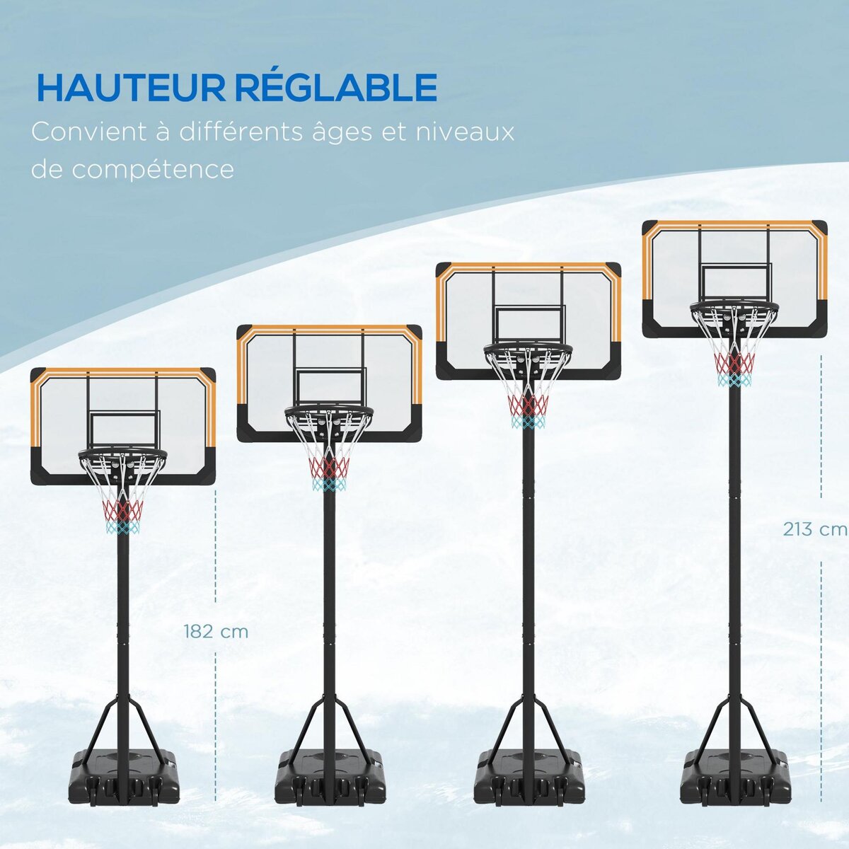 HOMCOM Panier de basketball sur pied roulettes - hauteur réglable arceau 182-213cm - acier polycarbonate orange noir