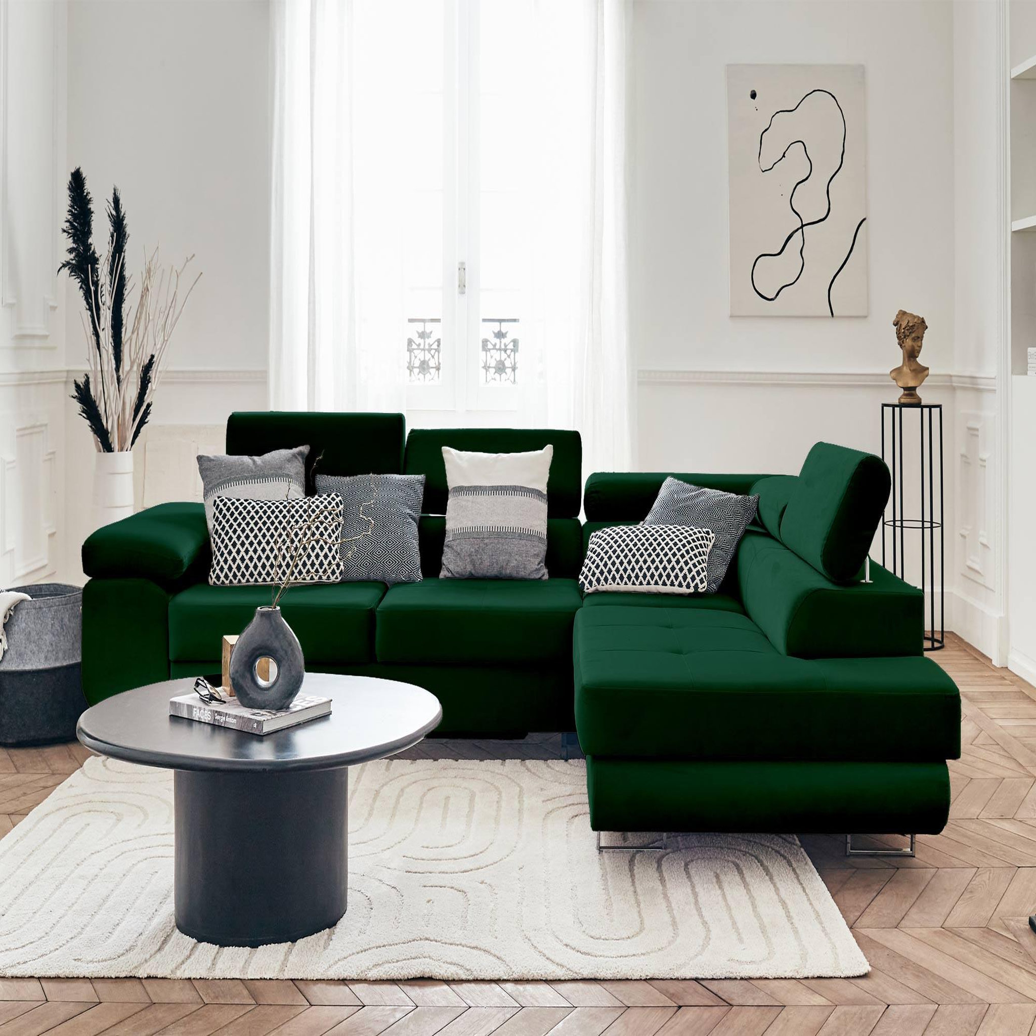 Voir la diapositive 4 : BEST MOBILIER Pablo - canapé d'angle droit - 5 places - convertible avec coffre et têtières réglables - en velours
