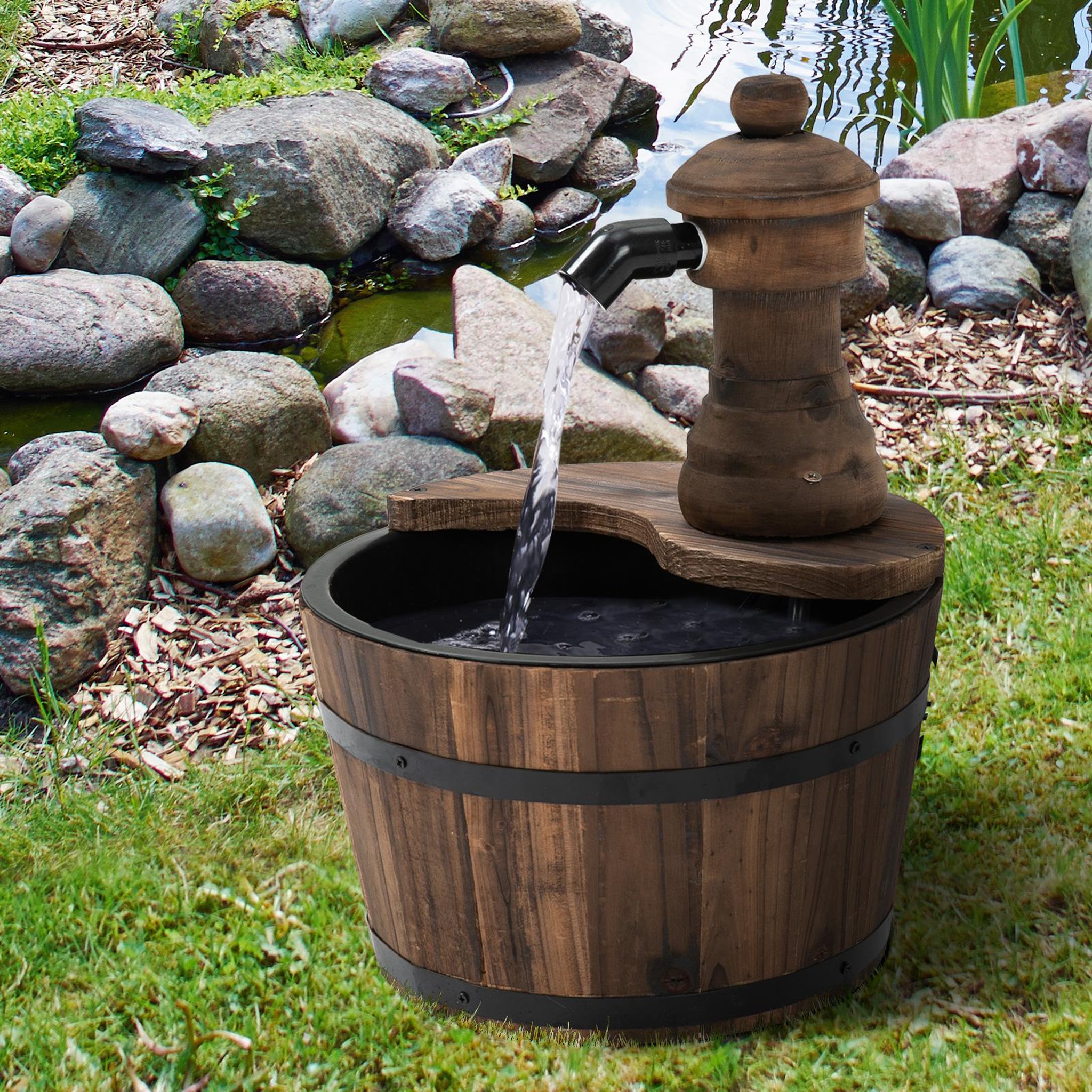 Voir la diapositive 2 : OUTSUNNY Fontaine de jardin tonneau pompe à eau submersible incluse Ø 27 x 37H cm bois de pin marron