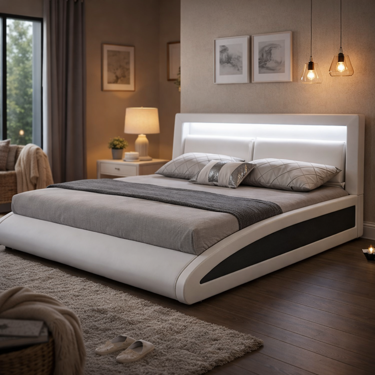 CONCEPT USINE Cadre de lit avec LED 140 x 190 cm en PU blanc BRIXTON