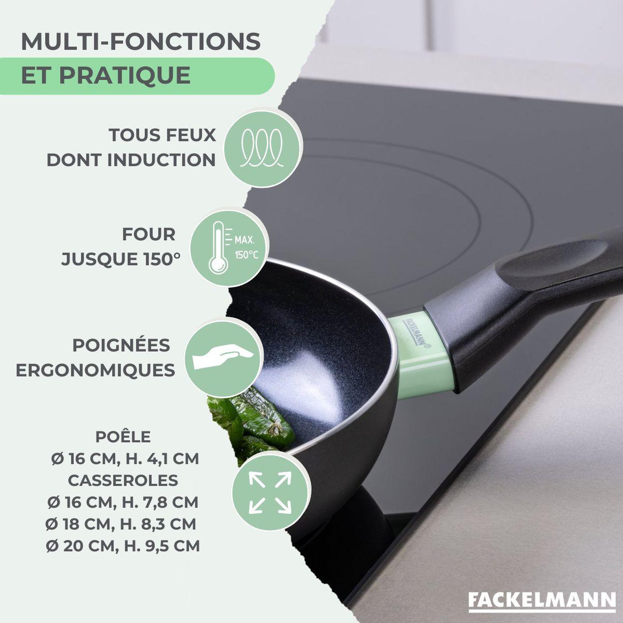 Voir la diapositive 3 : Fackelmann Set de 1 poêle 16 cm, 3 casseroles antiadhésives céramique 16, 18 et 20 cm et 6 ustensiles fackelmann brandao