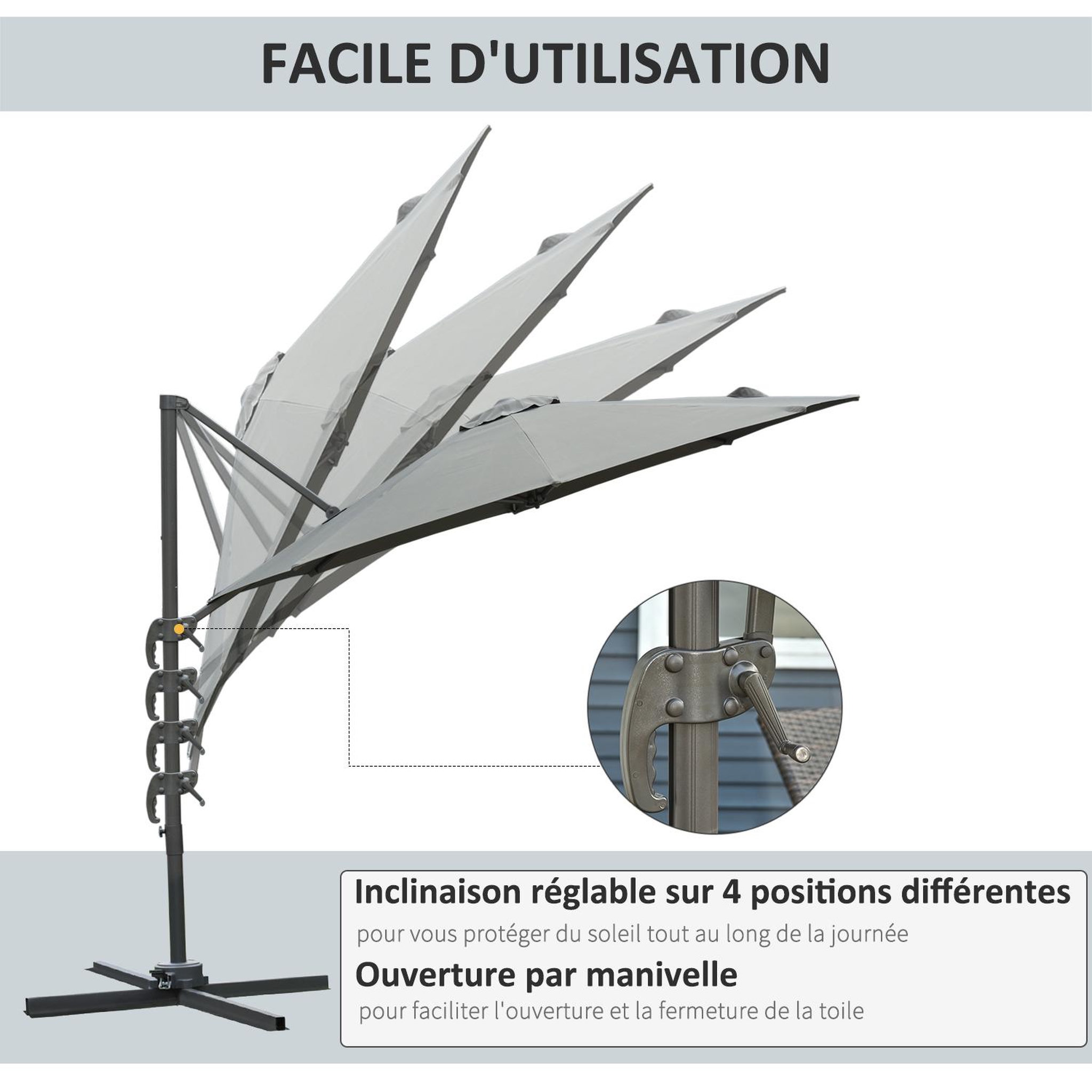 Voir la diapositive 6 : OUTSUNNY Parasol déporté octogonal inclinable rotatif 360° manivelle piètement acier mât alu. dim. Ø 2,95 x 2,5H m polyester haute densité gris