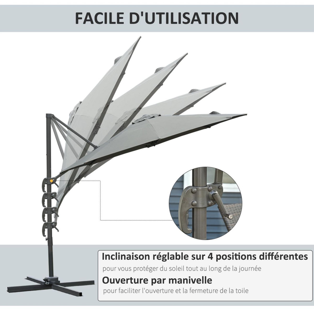 OUTSUNNY Parasol déporté octogonal inclinable rotatif 360° manivelle piètement acier mât alu. dim. Ø 2,95 x 2,5H m polyester haute densité gris