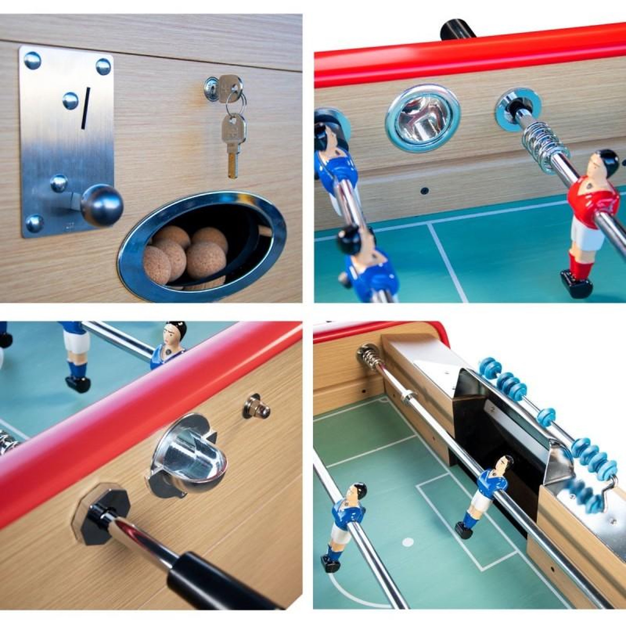 Voir la diapositive 4 : PLAY4FUN Baby-foot Olympic avec Monnayeur intégré, Barres Télescopiques et 10 Balles en Liège 149,5 x 77 x 95 cm  - Bois Clair