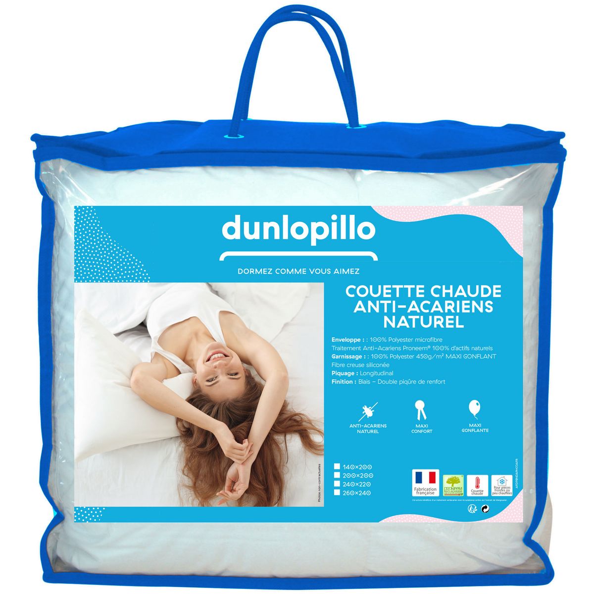 DUNLOPILLO Couette synthétique chaude en polyester traitement anti-acariens PRONEEM 450 g/m²