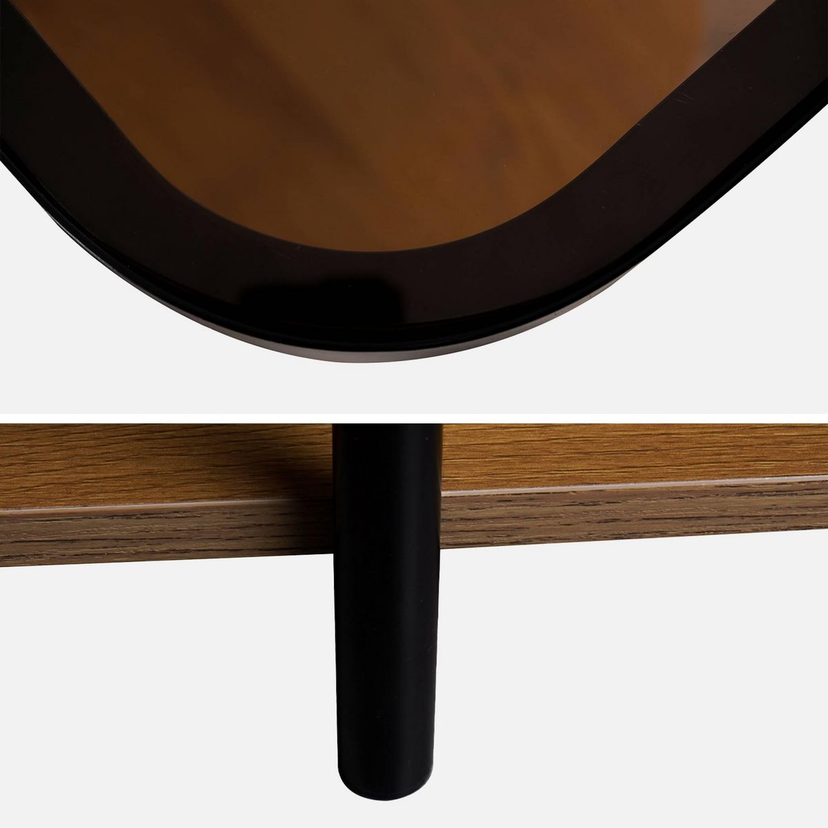 SWEEEK Bout de canapé vintage en métal noir avec 2 plateaux (verre et décor bois). bords arrondis