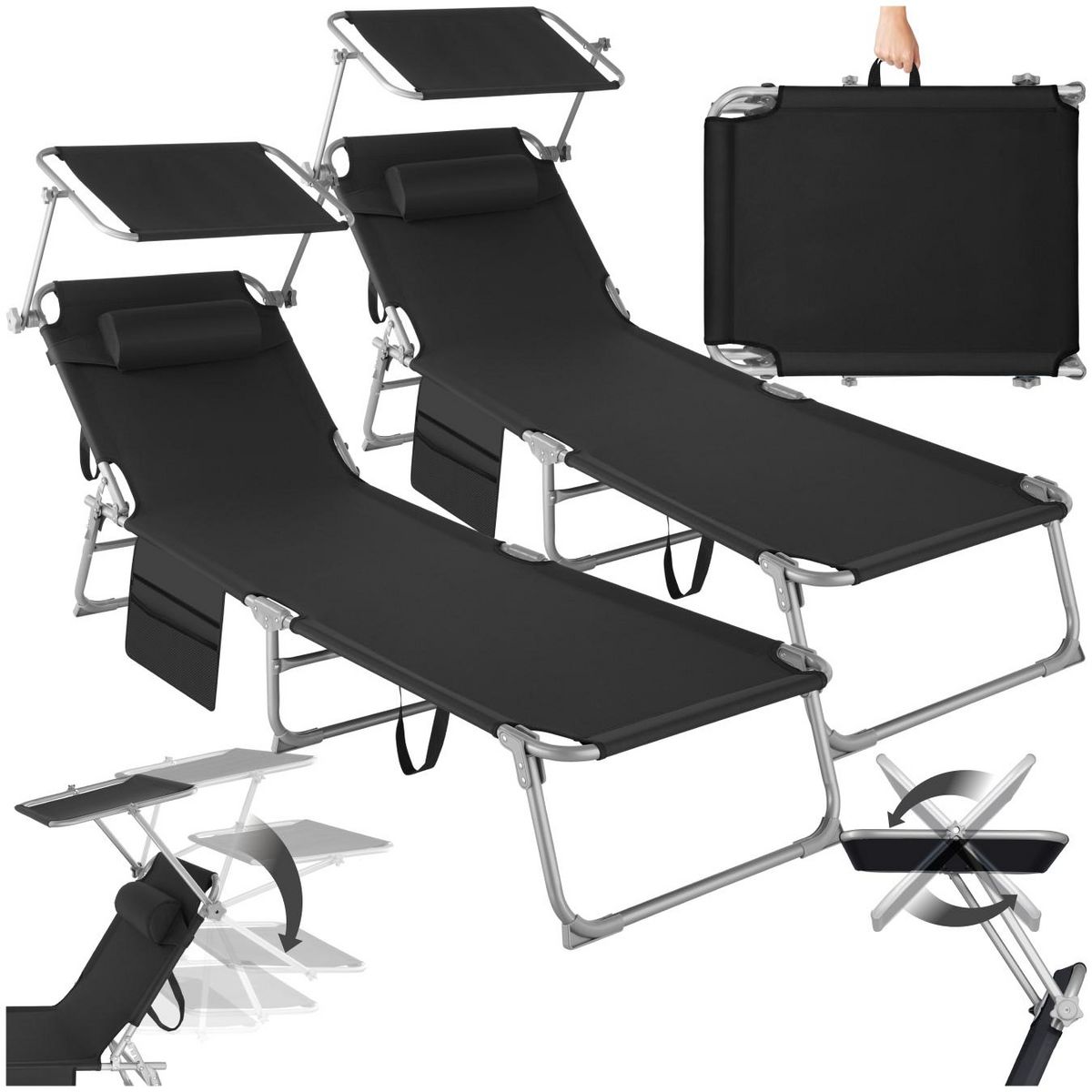 tectake Lot de 2 bains de soleil pliable noir