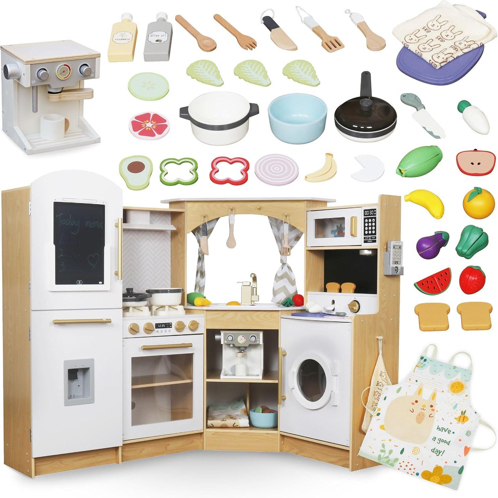 Voir la diapositive 3 : MAMABRUM Grande Cuisine Enfant en Bois XXXL Interactive avec LED, Cafetière et 50 Accessoires, dès 3 Ans