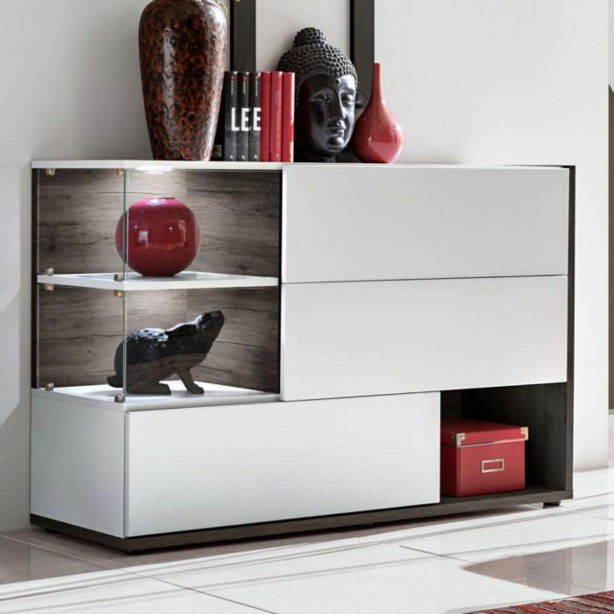 Paris Prix Buffet 3 Portes & 3 Niveaux  Silk  120cm Blanc & Marron