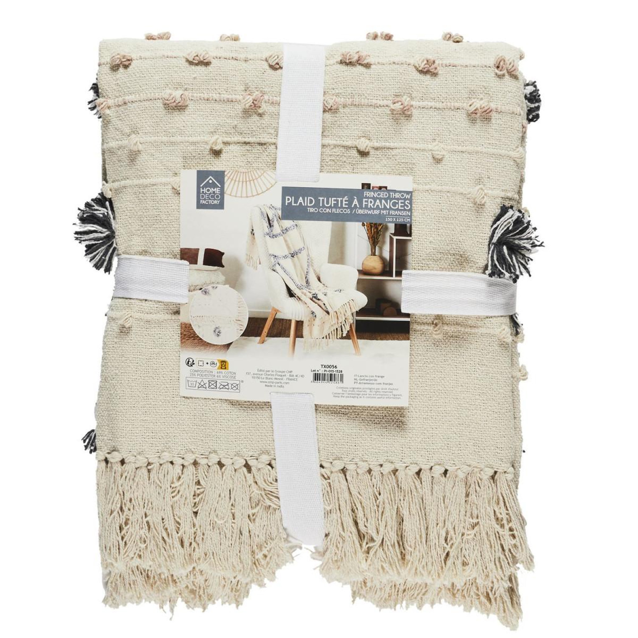 Voir la diapositive 4 : The Home Deco Factory Plaid tufté à franges  crush  125x150cm crème