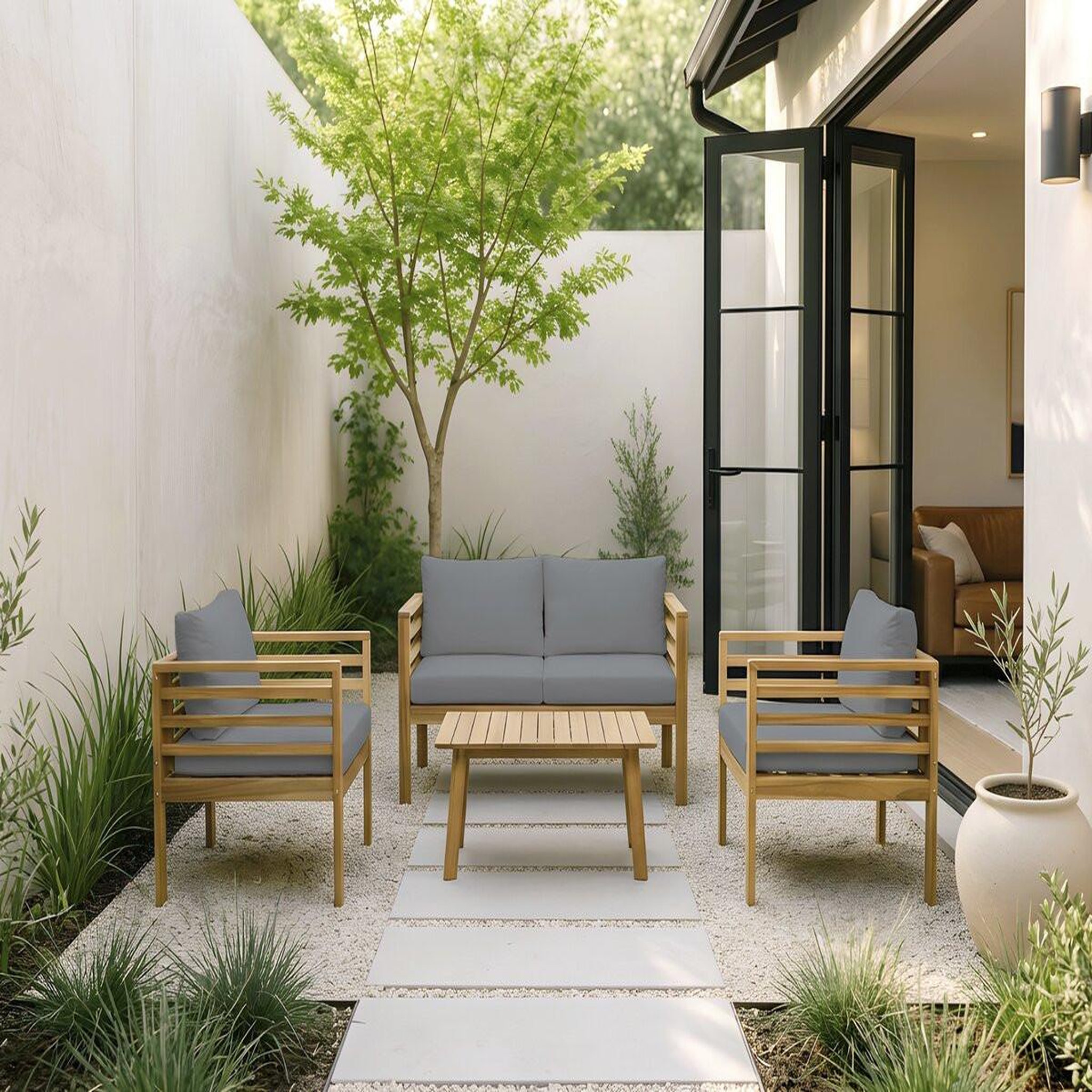 Voir la diapositive 2 : Habitat et Jardin Salon de jardin en bois avec coussins  beckham  - 4 places - gris