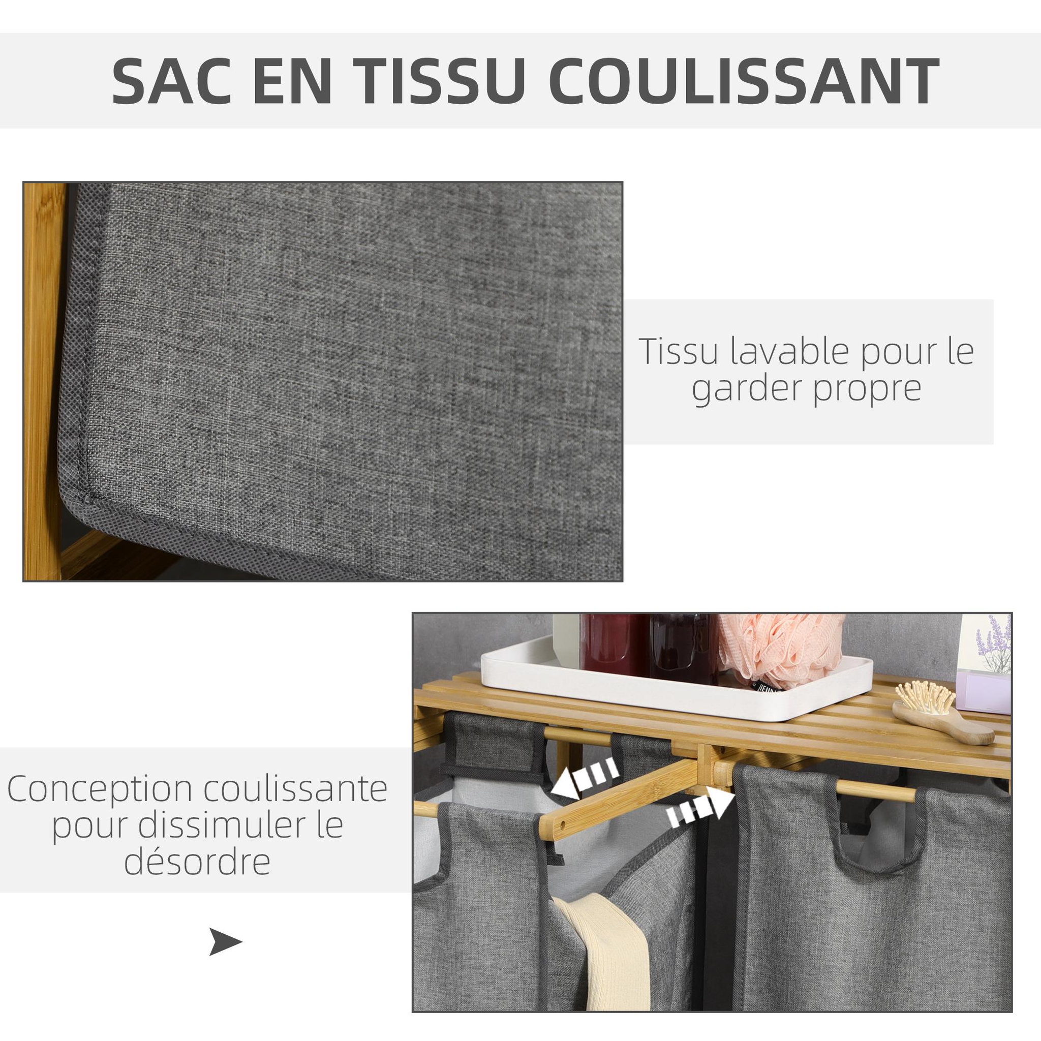 Voir la diapositive 5 : HOMCOM Panier à linge corbeille à linge en bambou 2 paniers amovibles non-tissé gris foncé
