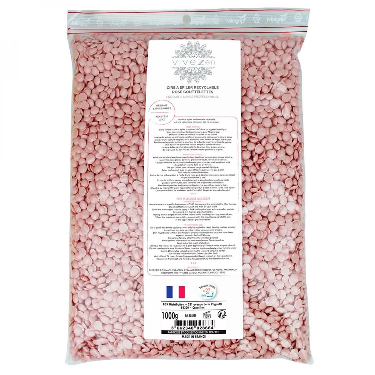 VIVEZEN Lot de 2 sachets gouttelettes, perles de cire à épiler pelable et recyclable - Rose - 100% fait en France
