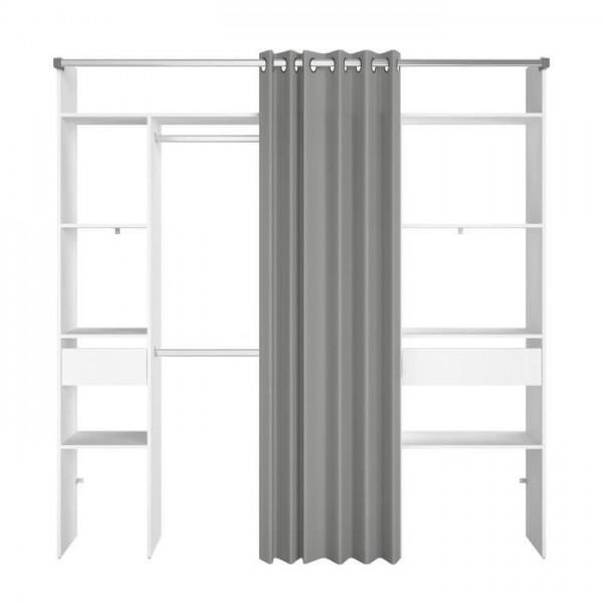 Voir la diapositive 2 : EKIPA Kit dressing ARTIC avec rideau - Décor Blanc - 2 colonnes + 2 penderies + 2 tiroirs - L 198 x P 40 x H 203 cm - EKIPA