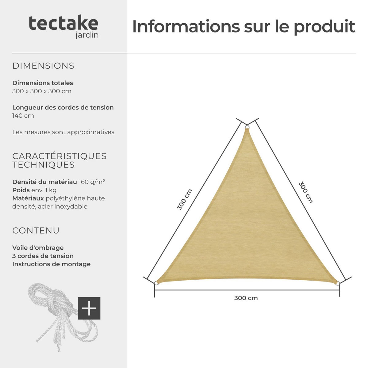 tectake Voile d'ombrage triangulaire triangulaire avec une protection UV 50+ beige 3 x 3 x 3 m