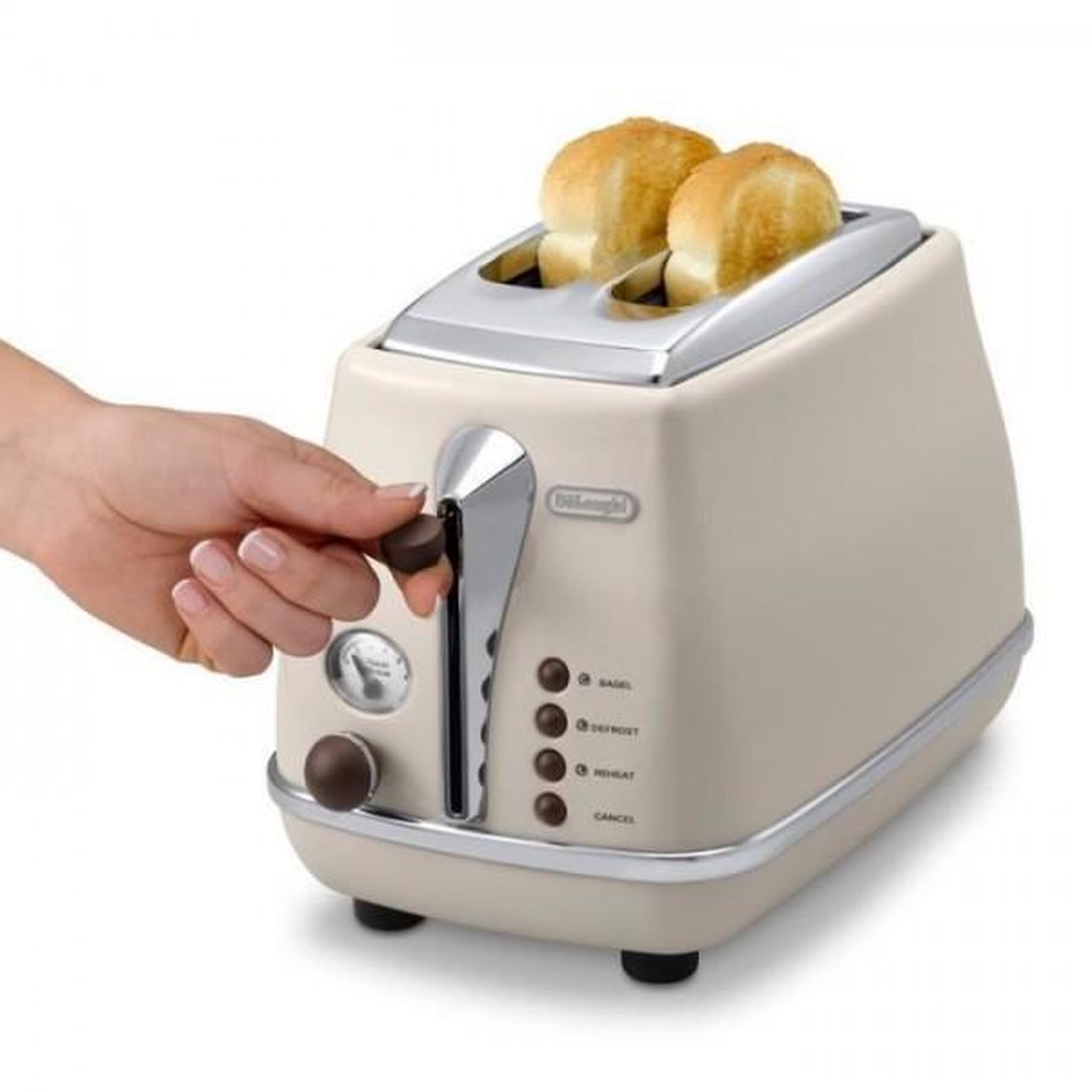 Voir la diapositive 3 : DELONGHI Grille Pain - Toaster Electrique  - Delonghi - Icona Vintage - 2 tranches - 6 positions - Beige brillant / Base et poignée Chocolat