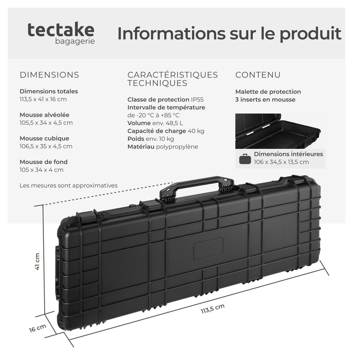tectake Valise de protection pour fusil avec coque dure robuste noir