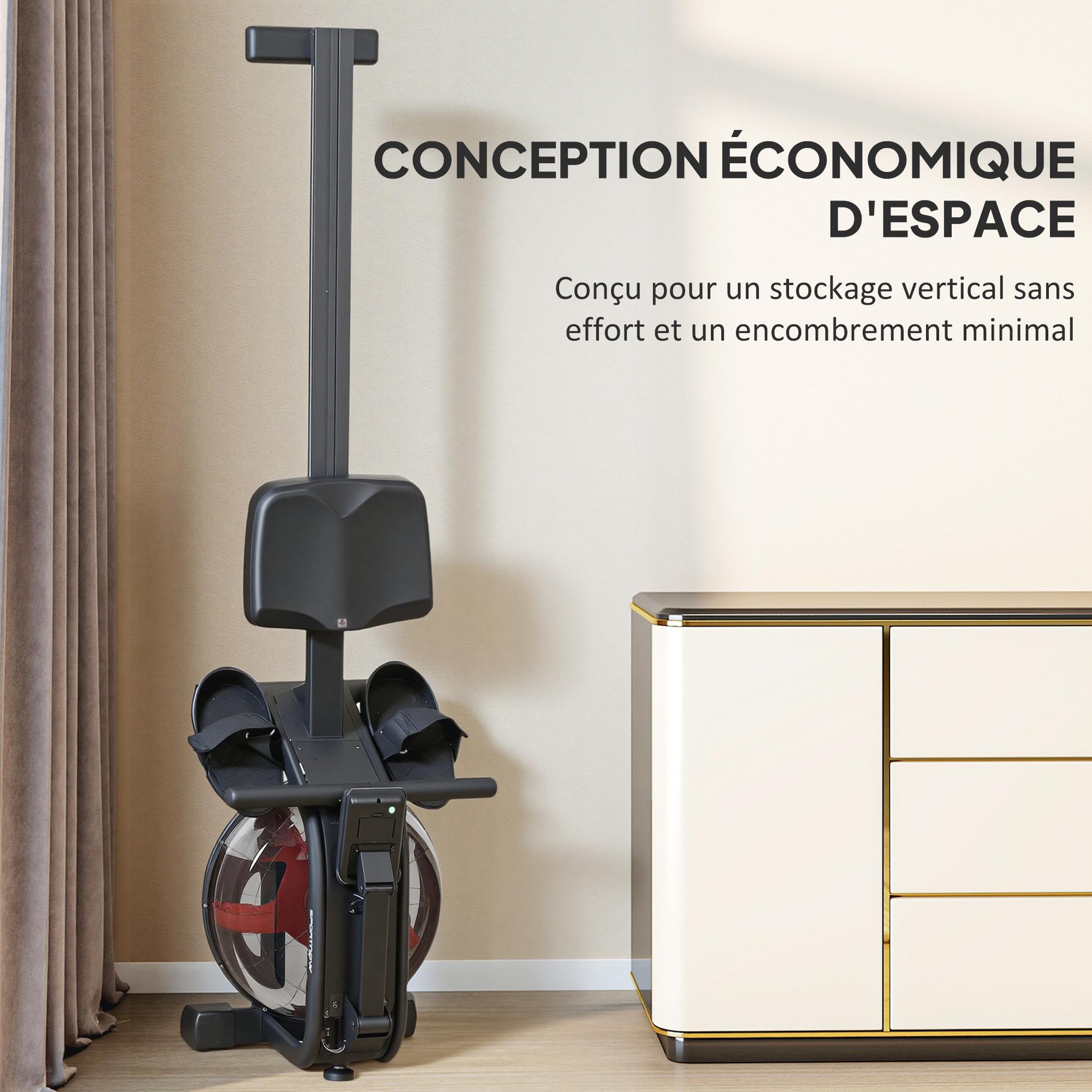 Voir la diapositive 5 : HOMCOM Rameur à eau résistance ajustable réservoir 6-11l écran lcd multifonction rangement vertical acier noir
