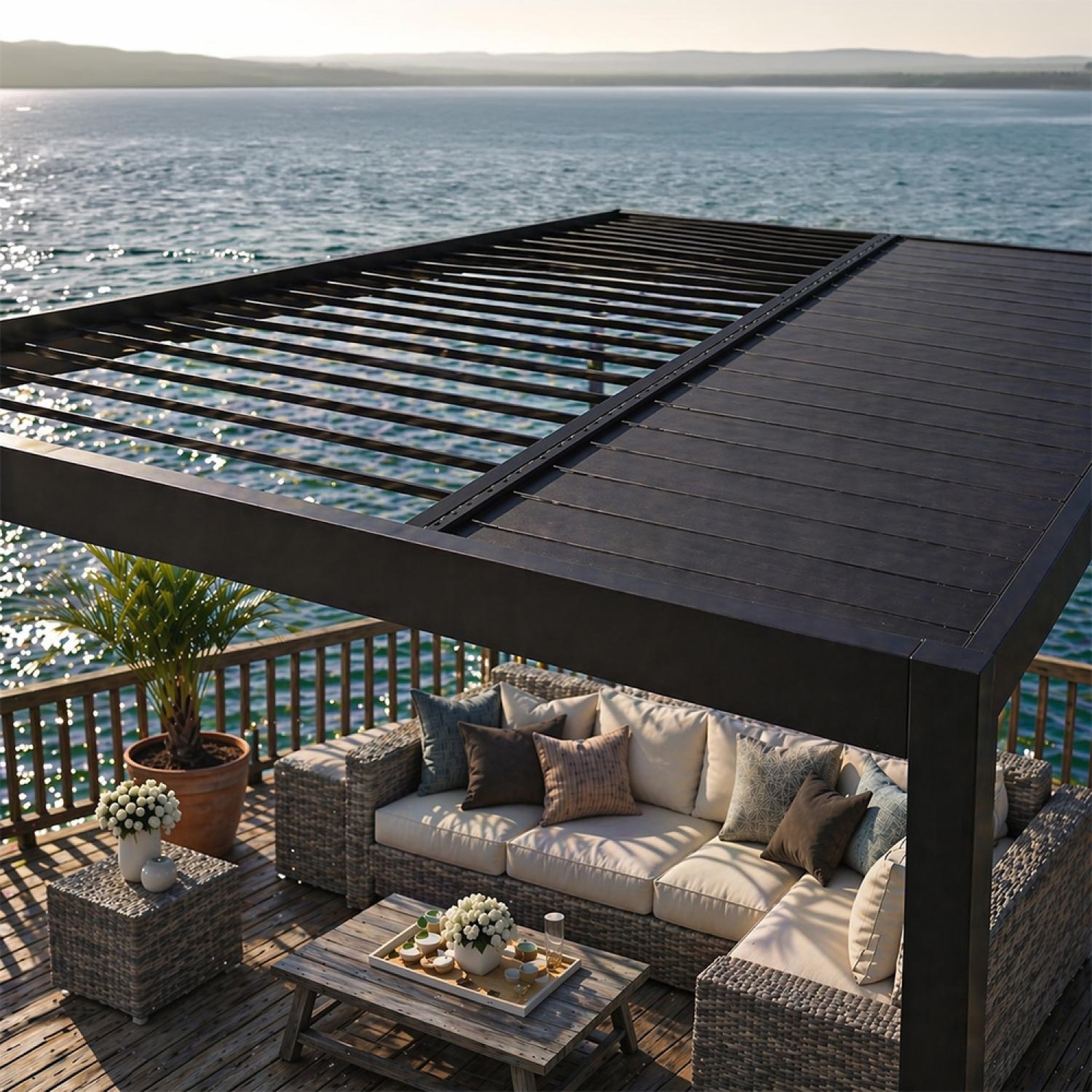 Voir la diapositive 6 : CONCEPT USINE Pergola bioclimatique structure aluminium lames orientables 4x3m corfu